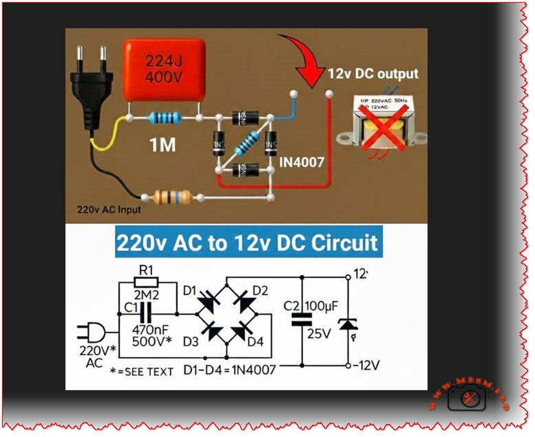 220V AC to 12V DC Bridge Rectifier Circuit mbsmpro