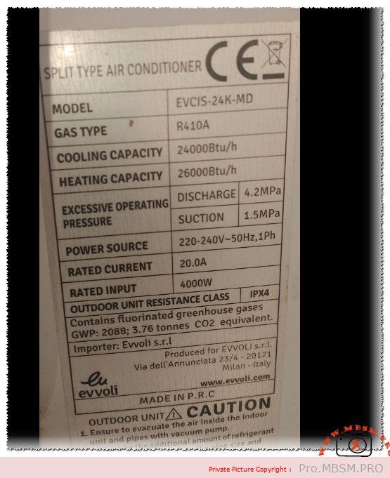 EVCIS-24K-MD, The gas r410a charge weight is approximately 1.80 kg mbsmpro